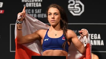 TORONTO, CANADA - DECEMBER 07: Joanna Jedrzejczyk of Poland poses on the scale during the UFC 231 weigh-in at Scotiabank Arena on December 7, 2018 in Toronto, Canada. (Photo by Josh Hedges/Zuffa LLC/Zuffa LLC via Getty Images)