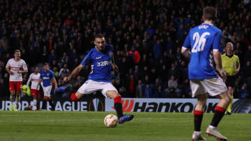 GLASGOW, SCOTLAND - OCTOBER 25: Eros Grezda of Rangers shoots at goal during the UEFA Europa League Group G match between Rangers and Spartak Moscow at Ibrox Stadium on October 25, 2018 in Glasgow, United Kingdom. (Photo by Ian MacNicol/Getty Images)
