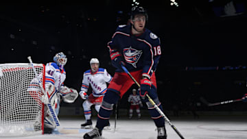 COLUMBUS, OH - NOVEMBER 10: Pierre-Luc Dubois #18 of the Columbus Blue Jackets skates against the New York Rangers on November 10, 2018 at Nationwide Arena in Columbus, Ohio. (Photo by Jamie Sabau/NHLI via Getty Images)