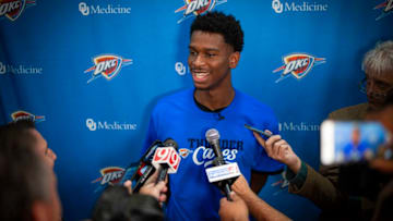 OKC Thunder: Shai Gilgeous-Alexander #2 of the Oklahoma City Thunder talks to media (Photo by Zach Beeker/NBAE via Getty Images)