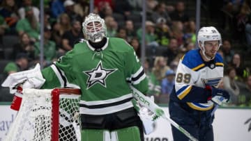 Oct 5, 2023; Dallas, Texas, USA; Dallas Stars goaltender Jake Oettinger (29) reacts to giving up a goal to the St. Louis Blues as left wing Pavel Buchnevich (89) skates off the ice during the third period at the American Airlines Center. Mandatory Credit: Jerome Miron-USA TODAY Sports
