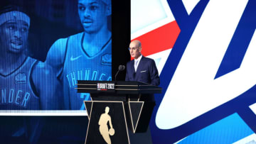 NEW YORK, NEW YORK - JUNE 23: NBA commissioner Adam Silver announces a pick by the Oklahoma City Thunder during the 2022 NBA Draft at Barclays Center on June 23, 2022 in New York City. NOTE TO USER: User expressly acknowledges and agrees that, by downloading and or using this photograph, User is consenting to the terms and conditions of the Getty Images License Agreement. (Photo by Arturo Holmes/Getty Images)
