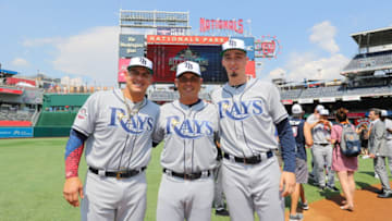 WASHINGTON, D.C. - JULY 16: Wilson Ramos #40, manager Kevin Cash #16, and Blake Snell #4 of the Tampa Bay Rays on the field during the Gatorade All-Star Workout Day at Nationals Park on Monday, July 16, 2018 in Washington, D.C. (Photo by Alex Trautwig/MLB Photos via Getty Images)