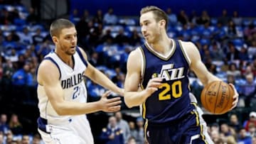 Feb 9, 2016; Dallas, TX, USA; Utah Jazz forward Gordon Hayward (20) dribbles as Dallas Mavericks forward Chandler Parsons (25) defends during the first quarter at American Airlines Center. Mandatory Credit: Kevin Jairaj-USA TODAY Sports