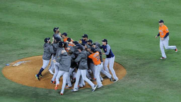 LOS ANGELES, CA - NOVEMBER 01: The Houston Astros celebrate defeating the Los Angeles Dodgers 5-1 in game seven to win the 2017 World Series at Dodger Stadium on November 1, 2017 in Los Angeles, California. (Photo by Kevork Djansezian/Getty Images)