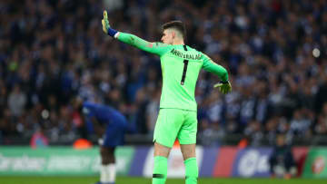 LONDON, ENGLAND - FEBRUARY 24: Kepa Arrizabalaga of Chelsea reacts as he refuses to be substituted during the Carabao Cup Final between Chelsea and Manchester City at Wembley Stadium on February 24, 2019 in London, England. (Photo by Clive Rose/Getty Images)