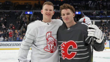 ST LOUIS, MISSOURI - JANUARY 25: Brady Tkachuk #7 of the Ottawa Senators and Matthew Tkachuk #19 of the Calgary Flames pose for a photo prior to the 2020 Honda NHL All-Star Game at Enterprise Center on January 25, 2020 in St Louis, Missouri. (Photo by Bruce Bennett/Getty Images)