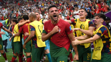 LUSAIL CITY, QATAR - DECEMBER 06: Goncalo Ramos of Portugal celebrates after scoring the team's first goal during the FIFA World Cup Qatar 2022 Round of 16 match between Portugal and Switzerland at Lusail Stadium on December 06, 2022 in Lusail City, Qatar. (Photo by Justin Setterfield/Getty Images)