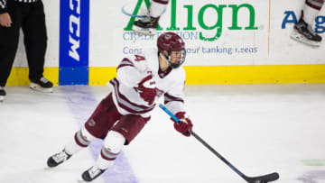 LOWELL, MA - FEBRUARY 21: Zac Jones #24 of the Massachusetts Minutemen skates against the Massachusetts Lowell River Hawks during NCAA men's hockey at the Tsongas Center on February 21, 2020 in Lowell, Massachusetts. The River Hawks won 3-2. (Photo by Richard T Gagnon/Getty Images)
