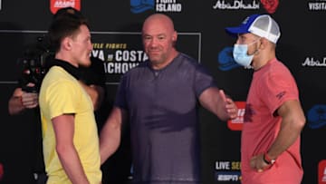 ABU DHABI, UNITED ARAB EMIRATES - SEPTEMBER 25: In this handout image provided by UFC, (L-R) Opponents Shane Young of New Zealand and Ludovit Klein of Slovakia face off during the UFC 253 weigh-in on September 25, 2020 at Flash Forum on UFC Fight Island, Abu Dhabi, United Arab Emirates. (Photo by Josh Hedges/Zuffa LLC via Getty Images)