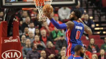 Nov 8, 2015; Portland, OR, USA; Detroit Pistons center Andre Drummond (0) grabs a rebound over Portland Trail Blazers at Moda Center at the Rose Quarter. Mandatory Credit: Jaime Valdez-USA TODAY Sports