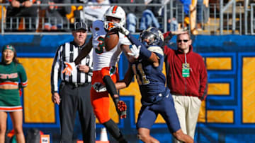 PITTSBURGH, PA - NOVEMBER 24: Dane Jackson #11 of the Pittsburgh Panthers knocks down a pass to Mike Harley #3 of the Miami Hurricanes on November 24, 2017 at Heinz Field in Pittsburgh, Pennsylvania. (Photo by Justin K. Aller/Getty Images)