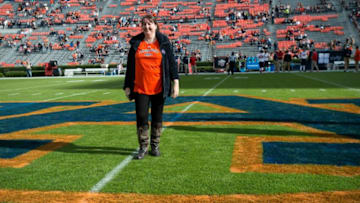 Dee Ford, a British women that was confused for former Auburn football linebacker Dee Ford on Twitter, poses for a picture at Jordan-Hare Stadium in Auburn, Ala., on Saturday, Nov.. 17, 2018.