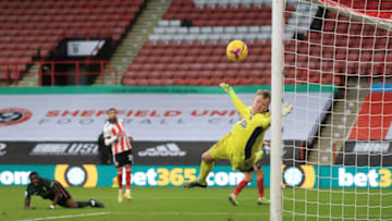SHEFFIELD, ENGLAND - JANUARY 17: Tanguy Ndombele of Tottenham Hotspur scores their side's third goal during the Premier League match between Sheffield United and Tottenham Hotspur at Bramall Lane on January 17, 2021 in Sheffield, England. (Photo by Mike Egerton - Pool/Getty Images)