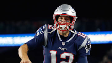 FOXBOROUGH, MA - OCTOBER 14: Tom Brady #12 of the New England Patriots reacts before a game with the Kansas City Chiefs at Gillette Stadium on October 14, 2018 in Foxborough, Massachusetts. (Photo by Jim Rogash/Getty Images)