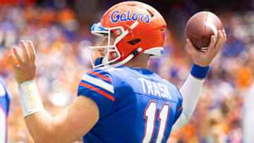 GAINESVILLE, FL- SEPTEMBER 21: Kyle Trask #11 of the Florida Gators throws with a teammate during the first half of the game against the Tennessee Volunteers at Ben Hill Griffin Stadium on September 21, 2019 in Gainesville, Florida. (Photo by Carmen Mandato/Getty Images)