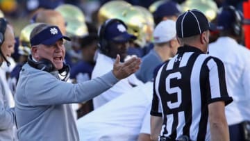 SOUTH BEND, IN - SEPTEMBER 30: Head coach Brian Kelly of the Notre Dame Fighting Irish yells at a referee during a game against the Miami (Oh) Redhawks at Notre Dame Stadium on Seotember 30, 2017 in South Bend, Indiana. (Photo by Jonathan Daniel/Getty Images)