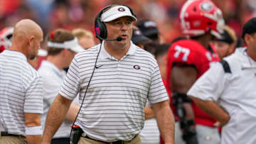 Sep 10, 2022; Athens, Georgia, USA; Georgia Bulldogs head coach Kirby Smart on the sidelines against the Samford Bulldogs during the first half at Sanford Stadium. Mandatory Credit: Dale Zanine-USA TODAY Sports