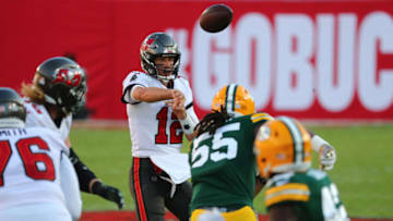 Oct 18, 2020; Tampa, Florida, USA; Tampa Bay Buccaneers quarterback Tom Brady (12) throws a pass against the Green Bay Packers during the second quarter of a NFL game at Raymond James Stadium. Mandatory Credit: Kim Klement-USA TODAY Sports
