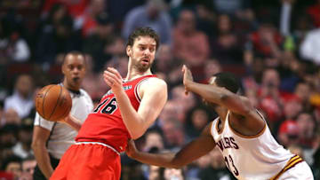 Apr 9, 2016; Chicago, IL, USA; Chicago Bulls center Pau Gasol (16) backs down Cleveland Cavaliers center Tristan Thompson (13) during the second half at the United Center. Chicago won 105-102. Mandatory Credit: Dennis Wierzbicki-USA TODAY Sports