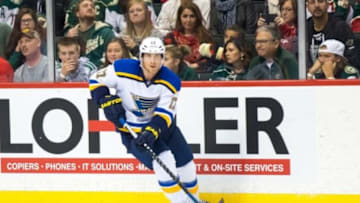 Oct 10, 2015; Saint Paul, MN, USA; St Louis Blues forward Jaden Schwartz (17) skates with the puck in the third period against the Minnesota Wild at Xcel Energy Center. The Minnesota Wild beat the St Louis Blues 3-2. Mandatory Credit: Brad Rempel-USA TODAY Sports