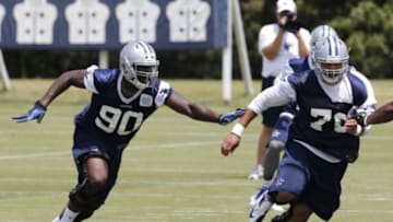 Jun 17, 2014; Dallas, TX, USA; Dallas Cowboys rookie defensive end DeMarcus Lawrence (90) during minicamp at Cowboys headquarters at Valley Ranch. Mandatory Credit: Matthew Emmons-USA TODAY Sports