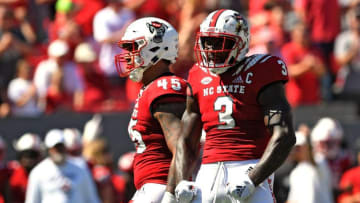 RALEIGH, NC - SEPTEMBER 29: Germaine Pratt #3 of the North Carolina State Wolfpack reacts following a play against the Virginia Cavaliers at Carter-Finley Stadium on September 29, 2018 in Raleigh, North Carolina. (Photo by Lance King/Getty Images)