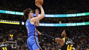 OKC Thunder guard Josh Giddey (3) shoots the ball over Utah Jazz guard Donovan Mitchell: Chris Nicoll-USA TODAY Sports