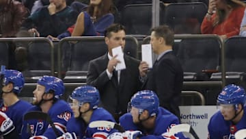 NEW YORK, NEW YORK - SEPTEMBER 19: David Quinn of the New York Rangers handles bench duties against the Philadelphia Flyers at Madison Square Garden on September 19, 2018 in New York City. (Photo by Bruce Bennett/Getty Images)