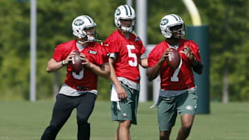 May 25, 2016; New York, NY, USA; New York Jets quarterbacks Bryce Petty (9), Christian Hackenberg (5) and Geno Smith (7) during OTA at Atlantic Health Training Center. Mandatory Credit: Noah K. Murray-USA TODAY Sports