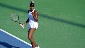 Venus Williams celebrates after beating Veronika Kudermetova during round one of the Western & Southern Open at the Lindner Family Tennis Center in Mason Monday, August, 14, 2023. Williams won 6-4, 7-5.