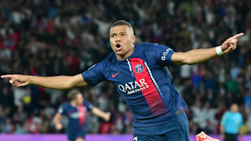 PARIS, FRANCE - AUGUST 26: Kylian Mbappé of Paris Saint-Germain celebrates during the French Ligue 1 match between Paris Saint-Germain (PSG) and RC Lens at Parc des Princes Stadium on AUGUST 26, 2023 in Paris, France. (Photo by Christian Liewig - Corbis/Corbis via Getty Images)