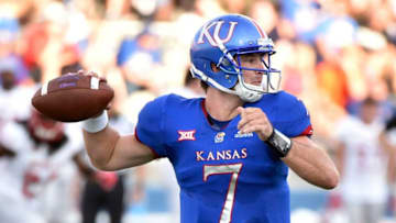 LAWRENCE, KS - SEPTEMBER 1: Quarterback Peyton Bender #7 of the Kansas Jayhawks passes against the Nicholls State Colonels in the first quarter at Memorial Stadium on September 1, 2018 in Lawrence, Kansas. (Photo by Ed Zurga/Getty Images)