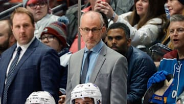 Dec 15, 2022; Denver, Colorado, USA; Buffalo Sabres head coach Don Granato looks on in the second period against the Colorado Avalanche at Ball Arena. Mandatory Credit: Isaiah J. Downing-USA TODAY Sports