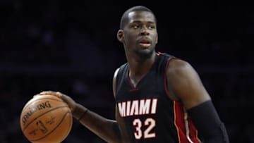Apr 4, 2015; Auburn Hills, MI, USA; Miami Heat forward James Ennis (32) looks for an open man during the second quarter against the Detroit Pistons at The Palace of Auburn Hills. Mandatory Credit: Raj Mehta-USA TODAY Sports