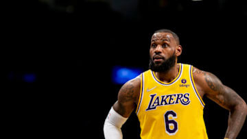 NEW YORK, NEW YORK - JANUARY 25: LeBron James #6 of Los Angeles Lakers reacts during action against the Brooklyn Nets at Barclays Center on January 25, 2022 in the Brooklyn borough of New York City. NOTE TO USER: User expressly acknowledges and agrees that, by downloading and or using this photograph, User is consenting to the terms and conditions of the Getty Images License Agreement. (Photo by Michelle Farsi/Getty Images)