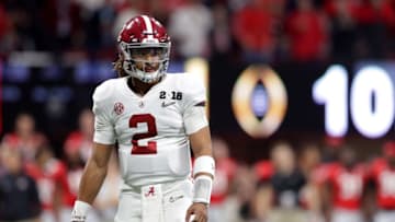ATLANTA, GA - JANUARY 08: Jalen Hurts #2 of the Alabama Crimson Tide on the field during the first quarter against the Georgia Bulldogs in the CFP National Championship presented by AT&T at Mercedes-Benz Stadium on January 8, 2018 in Atlanta, Georgia. (Photo by Streeter Lecka/Getty Images)