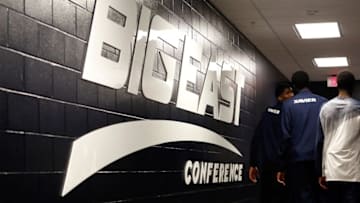 Dec 31, 2014; Cincinnati, OH, USA; A general view of the Big East logo on the wall as the Xavier Musketeers take the court prior to the game against the Georgetown Hoyas at Cintas Center. Xavier won 70-53. Mandatory Credit: Aaron Doster-USA TODAY Sports