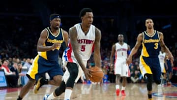 Apr 10, 2015; Auburn Hills, MI, USA; Detroit Pistons guard Kentavious Caldwell-Pope (5) goes to the basket during the second quarter against the Indiana Pacers at The Palace of Auburn Hills. Mandatory Credit: Tim Fuller-USA TODAY Sports