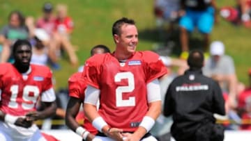 Jul 28, 2013; Flowery Branch, GA, USA; Atlanta Falcons quarterback Matt Ryan (2) shown on the field during training camp at the Falcons Training Complex. Mandatory Credit: Dale Zanine-USA TODAY Sports
