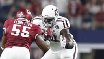 Sep 26, 2015; Arlington, TX, USA; Texas A&M Aggies tackle Germain Ifedi (74) in action against the Arkansas Razorbacks at AT&T Stadium. Mandatory Credit: Matthew Emmons-USA TODAY Sports