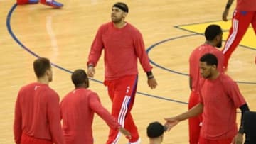 Apr 27, 2014; Oakland, CA, USA; Los Angeles Clippers forward Jared Dudley (9) warms up with teammates wearing their warm up clothes inside-out before game four of the first round of the 2014 NBA Playoffs against the Golden State Warriors at Oracle Arena. Mandatory Credit: Kelley L Cox-USA TODAY Sports