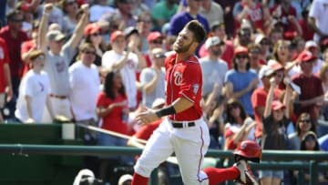 Washington Nationals Bryce Harper walks off after hitting a group out  single against the Philadelphia Phillies in the sixth inning at Nationals  Park in Washington, D.C. on April 28, 2016. Photo by