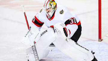 CALGARY, AB - MARCH 4: Matt Murray #30 of the Ottawa Senators in action against the Calgary Flames during an NHL game at Scotiabank Saddledome on March 4, 2021 in Calgary, Alberta, Canada. (Photo by Derek Leung/Getty Images)