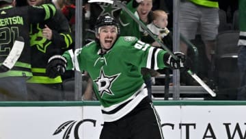 Nov 14, 2023; Dallas, Texas, USA; Dallas Stars center Matt Duchene (95) celebrates after he scores the game winning goal against the Arizona Coyotes during the overtime period at the American Airlines Center. Mandatory Credit: Jerome Miron-USA TODAY Sports