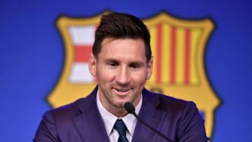 Barcelona's Argentinian forward Lionel Messi holds a press conference at the Camp Nou stadium in Barcelona on August 8, 2021. - The six-time Ballon d'Or winner Messi had been expected to sign a new five-year deal with Barcelona on August 5 but instead, after 788 games, the club announced he is leaving at the age of 34. (Photo by Pau BARRENA / AFP) (Photo by PAU BARRENA/AFP via Getty Images)