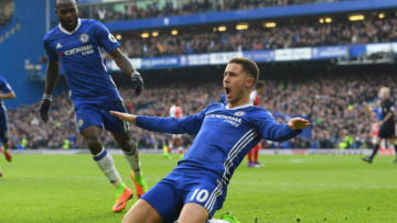 LONDON, ENGLAND - FEBRUARY 04: Eden Hazard of Chelsea celebrates with team-mates after scoring his team's second goal during the Premier League match between Chelsea and Arsenal at Stamford Bridge on February 4, 2017 in London, England. (Photo by Darren Walsh/Chelsea FC via Getty Images)