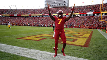 AMES, IA - SEPTEMBER 14: Wide receiver La'Michael Pettway #7 of the Iowa State Cyclones celebrates after scoring a touchdown in the first half of play against the Iowa Hawkeyes at Jack Trice Stadium on September 14, 2019 in Ames, Iowa. (Photo by David Purdy/Getty Images)