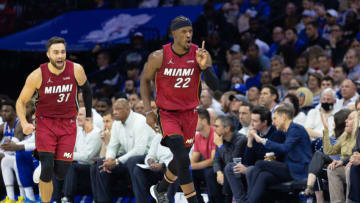 Miami Heat forward Jimmy Butler (22) reacts after a three-point basket against the Philadelphia 76ers(Bill Streicher-USA TODAY Sports)