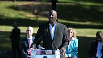 CHARLOTTE, NC - OCTOBER 18: Charlotte Hornets owner Michael Jordan speaks during the Charlotte Hornets Legacy Project Dedication and Jr. NBA Clinic on October 18, 2016 at Latta Park in Charlotte, North Carolina. NOTE TO USER: User expressly acknowledges and agrees that, by downloading and or using this Photograph, user is consenting to the terms and conditions of the Getty Images License Agreement. Mandatory Copyright Notice: Copyright 2016 NBAE (Photo by David Sherman/NBAE via Getty Images)